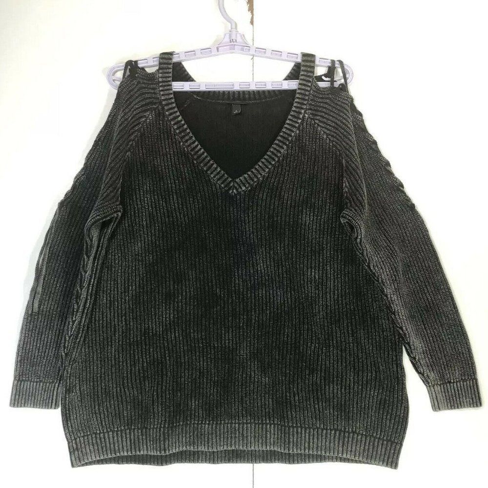 Torrid V Neck Sweater Ladies 2 Black Acid Dyed With Tied Sleeves All Cotton